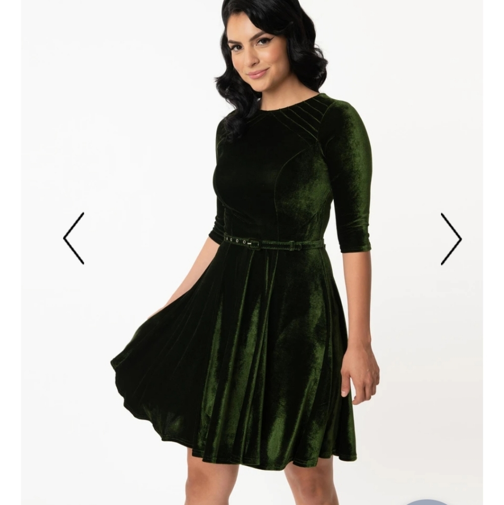 Unique Vintage Olive green velvet dress